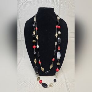 Women's Multi-Bead Long Necklace - Red, Black & Gold